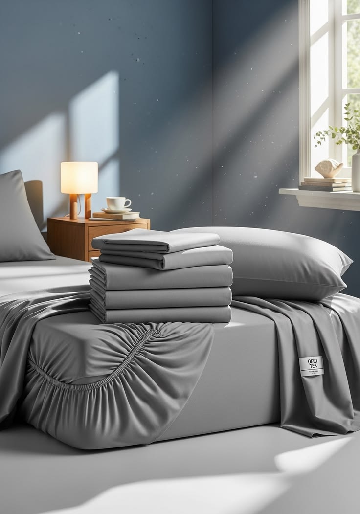 Folded premium sheet set on a made bed