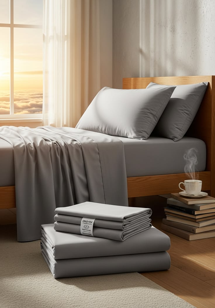 Premium grey bed linen in a sunlit bedroom