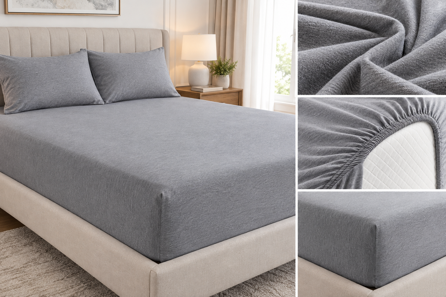 Grey jersey fitted sheet on a bed with fabric detail
