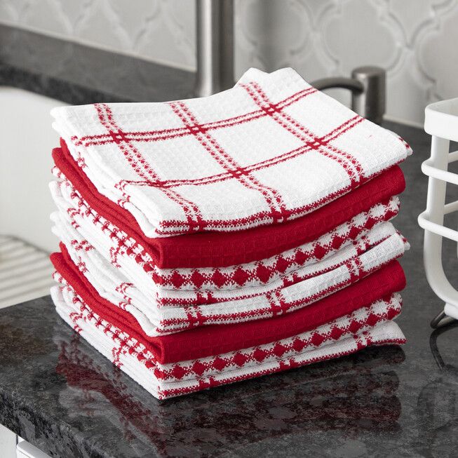 Red and white waffle-weave dish cloths