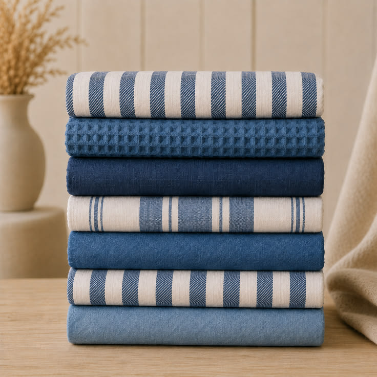 Stack of blue and cream striped kitchen tea towels